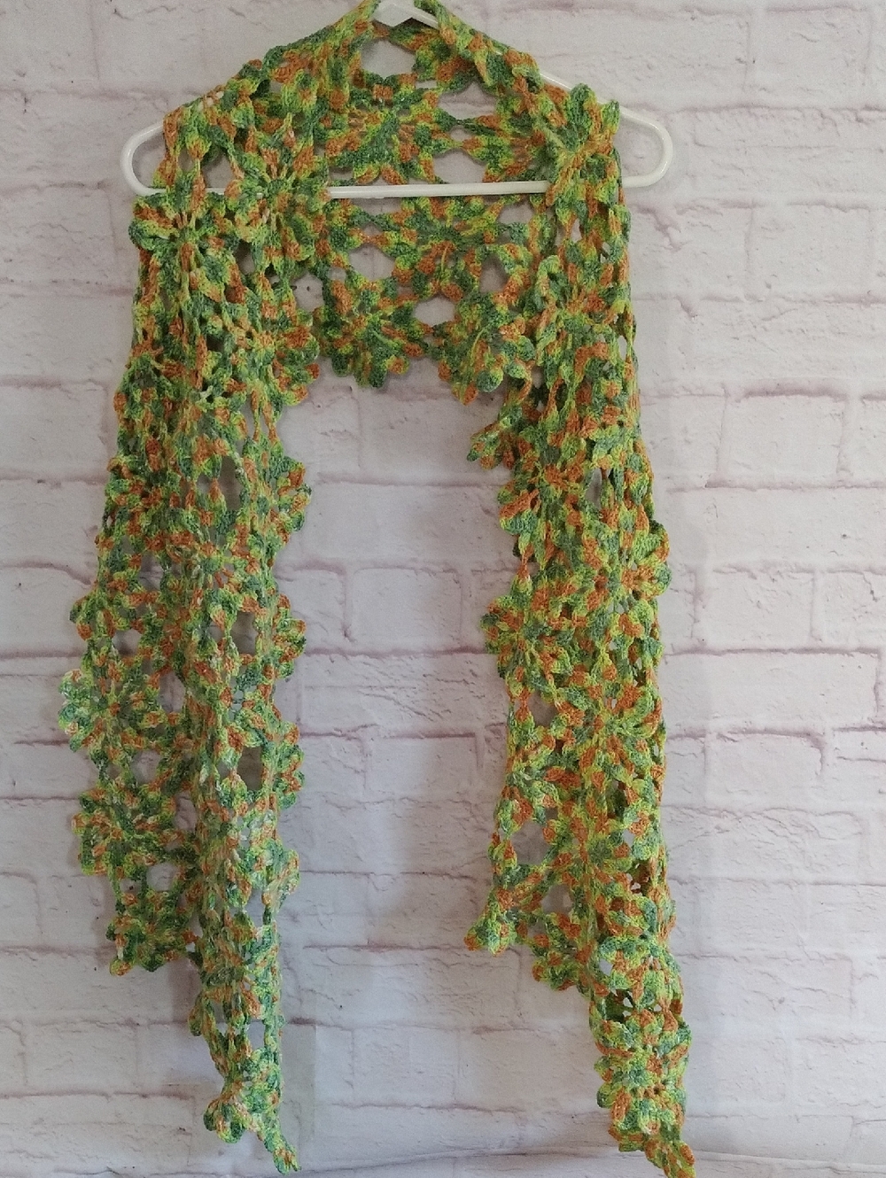 Crocheted Openwork Floral Scarf in Green and Orange